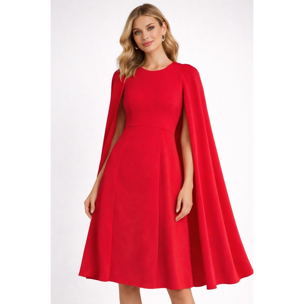 Edeline Lee‎ Red Cape Dress Size 8 Midi Cocktail Formal UK Made Designer